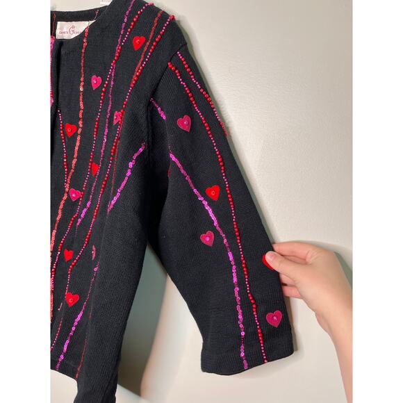1990s Jane's Closet Red Pink Valentines Day Hearts Love Sparkle Glam Cardigan XL - Picture 3 of 6